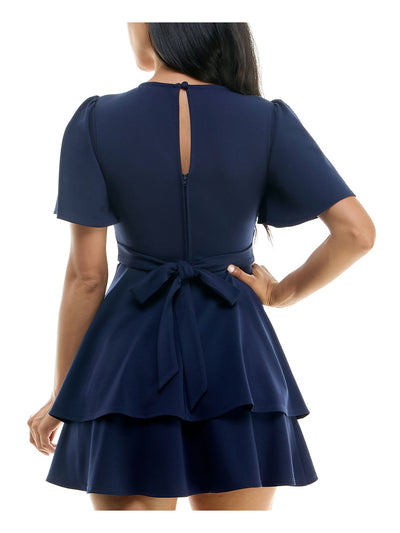 B DARLIN Womens Navy Zippered Gathered Keyhole Back Tiered Skirt Tie Flutter Sleeve V Neck Short Fit + Flare Dress Juniors 0