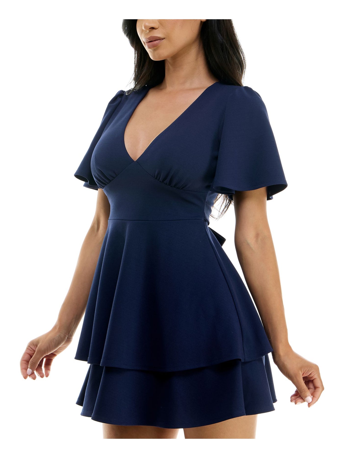 B Darlin Womens Zippered Flutter Sleeve V Neck Short Fit + Flare Dress