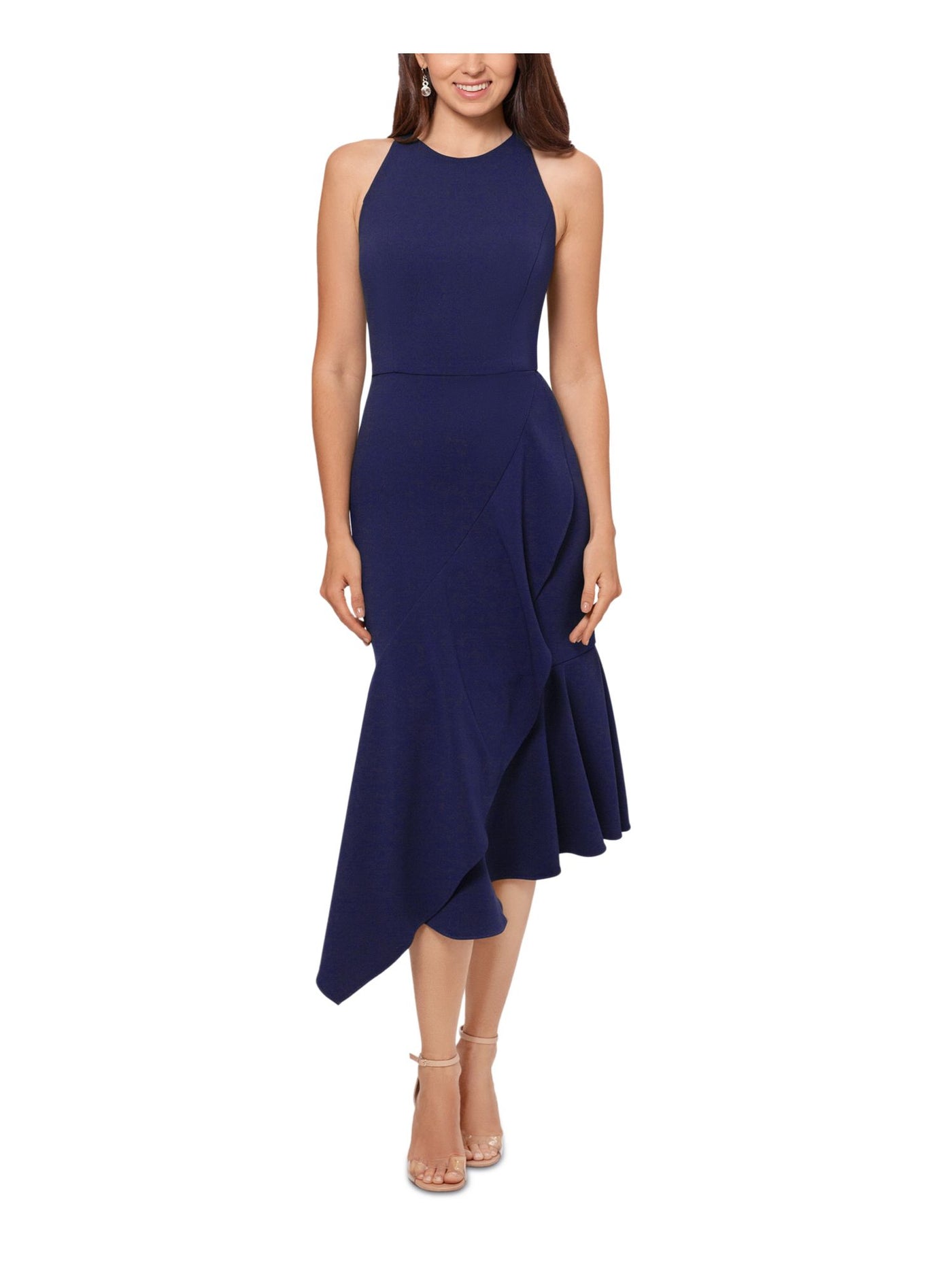 BETSY & ADAM Womens Navy Lined Ruffled Zippered Asymmetrical Sleeveless Round Neck Tea-Length Evening Sheath Dress Petites 6P