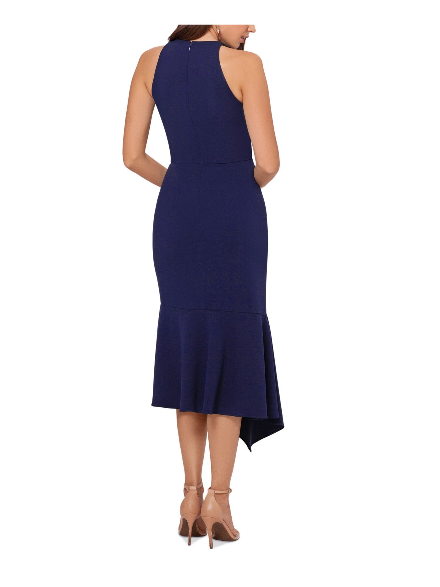 BETSY & ADAM Womens Navy Lined Ruffled Zippered Asymmetrical Sleeveless Round Neck Tea-Length Evening Sheath Dress Petites 6P