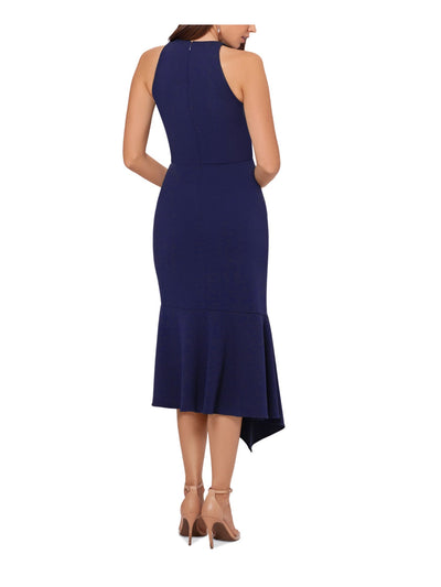 BETSY & ADAM Womens Navy Lined Ruffled Zippered Asymmetrical Sleeveless Round Neck Tea-Length Evening Sheath Dress Petites 6P