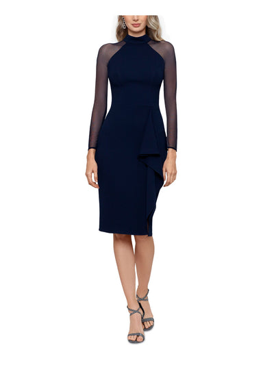 BETSY & ADAM Womens Navy Ruffled Zippered Illusion Sleeves Lined Mock Neck Evening Sheath Dress 12