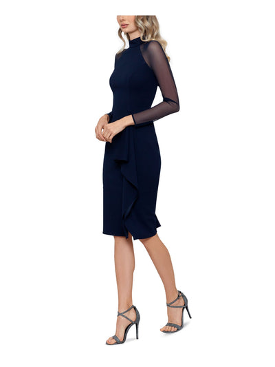 BETSY & ADAM Womens Navy Ruffled Zippered Illusion Sleeves Lined Mock Neck Evening Sheath Dress 12