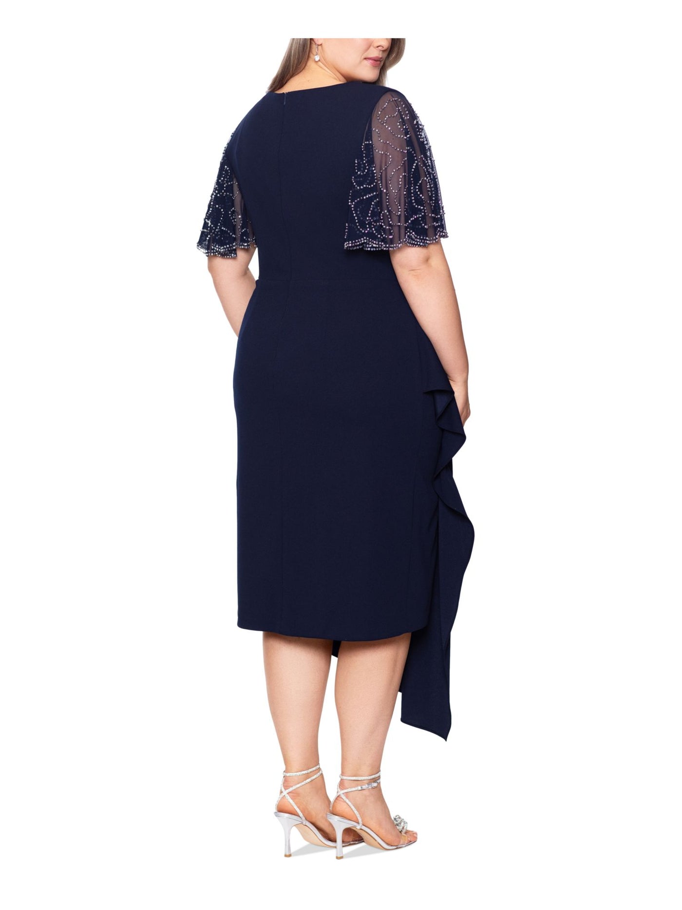 BETSY & ADAM Womens Navy Embellished Zippered Ruched Front Asymmetrical Hem Flutter Sleeve Surplice Neckline Tea-Length Cocktail Sheath Dress Plus 14W