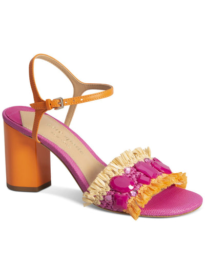 KATE SPADE NEW YORK Womens Pink Mixed Media Rafta Fringe Embelished Padded Bora Bora Square Toe Sculpted Heel Buckle Dress Heeled Sandal 7 B