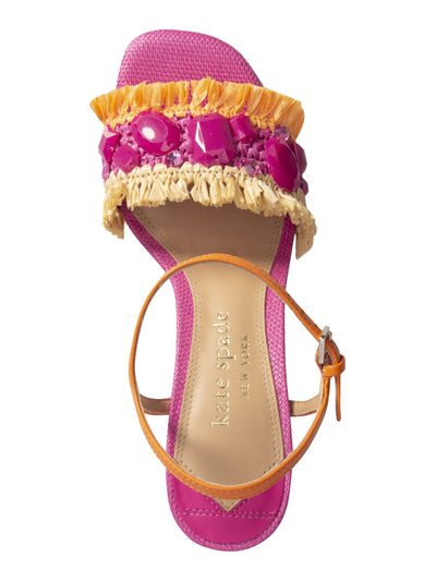 KATE SPADE NEW YORK Womens Pink Mixed Media Rafta Fringe Embelished Padded Bora Bora Square Toe Sculpted Heel Buckle Dress Heeled Sandal 7.5 B