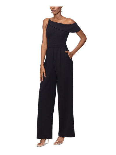 XSCAPE Womens Black Zippered Pocketed Flutter Sleeve Asymmetrical Neckline Party Straight leg Jumpsuit 16