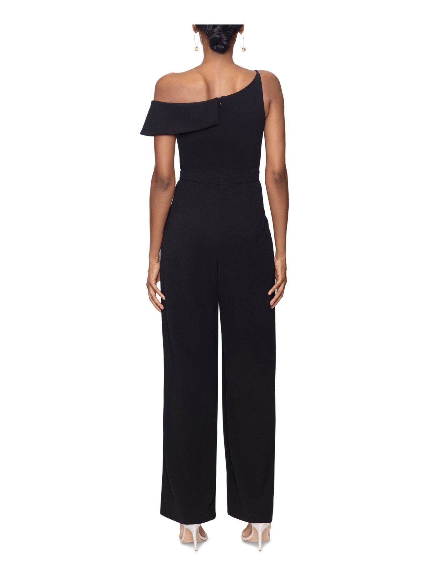 XSCAPE Womens Black Zippered Pocketed Flutter Sleeve Asymmetrical Neckline Party Straight leg Jumpsuit 4