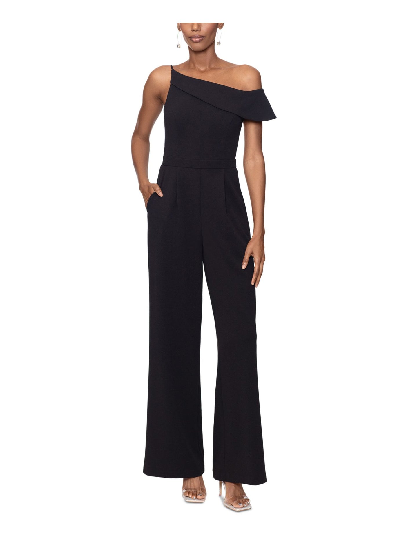 XSCAPE Womens Black Zippered Pocketed Flutter Sleeve Asymmetrical Neckline Party Straight leg Jumpsuit 6