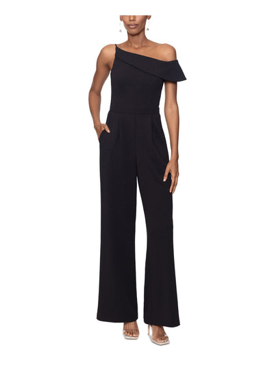 XSCAPE Womens Zippered Flutter Sleeve Asymmetrical Neckline Party Straight leg Jumpsuit