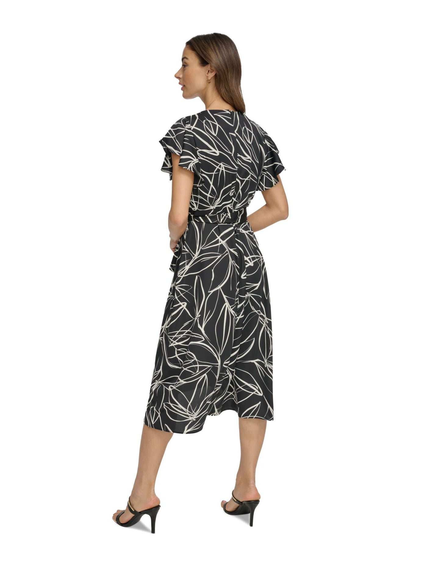 DKNY Womens Black Pleated Zippered Self-tie Belt Lined Printed Flutter Sleeve Surplice Neckline Midi Wear To Work Faux Wrap Dress 4