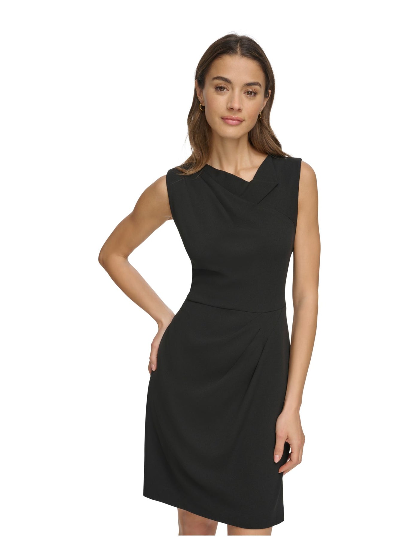 DKNY Womens Black Pleated Zippered Asymmetric Foldover-neck Sleeveless Above The Knee Wear To Work Sheath Dress 12