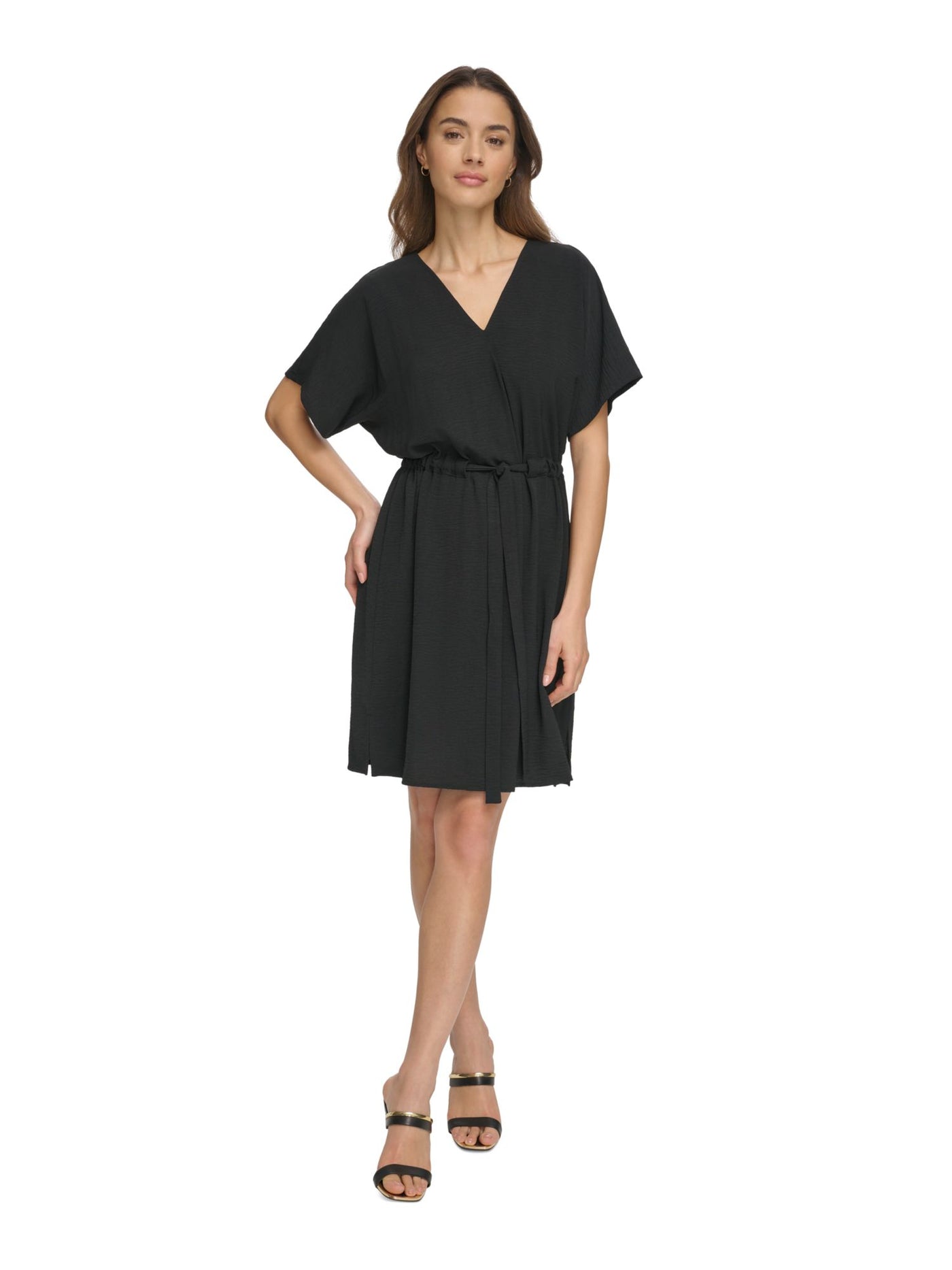 DKNY Womens Black Short Sleeve V Neck Above The Knee Fit + Flare Dress 10