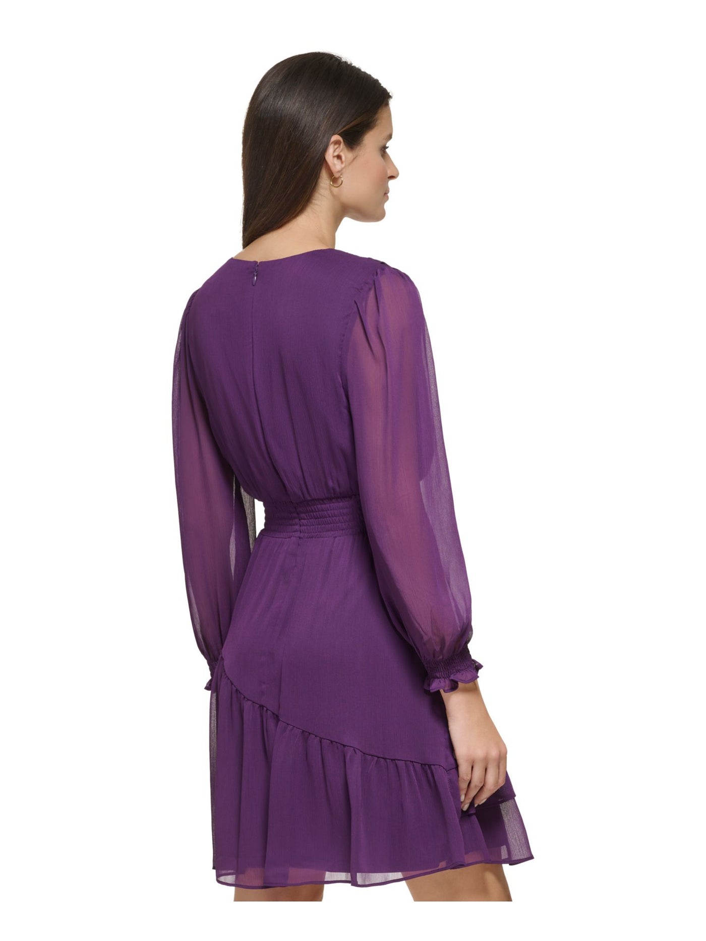 DKNY Womens Purple Smocked Zippered Asymmetrical Ruffle Lined Long Sleeve Surplice Neckline Above The Knee Party Fit + Flare Dress 14