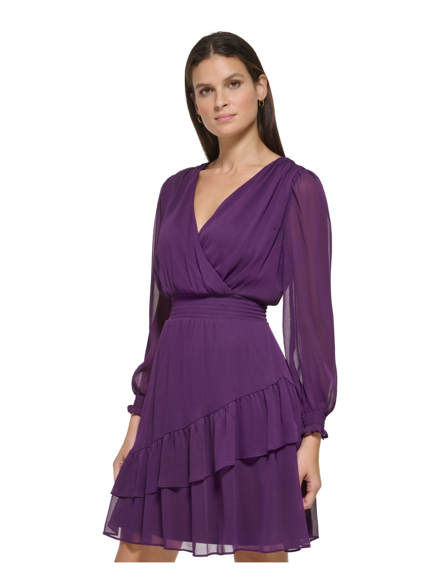 DKNY Womens Purple Smocked Zippered Asymmetrical Ruffle Lined Long Sleeve Surplice Neckline Above The Knee Party Fit + Flare Dress 14