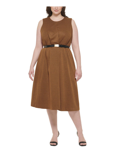 CALVIN KLEIN Womens Brown Zippered Belted Herringbone Sleeveless Round Neck Midi Wear To Work Shift Dress Plus 22W