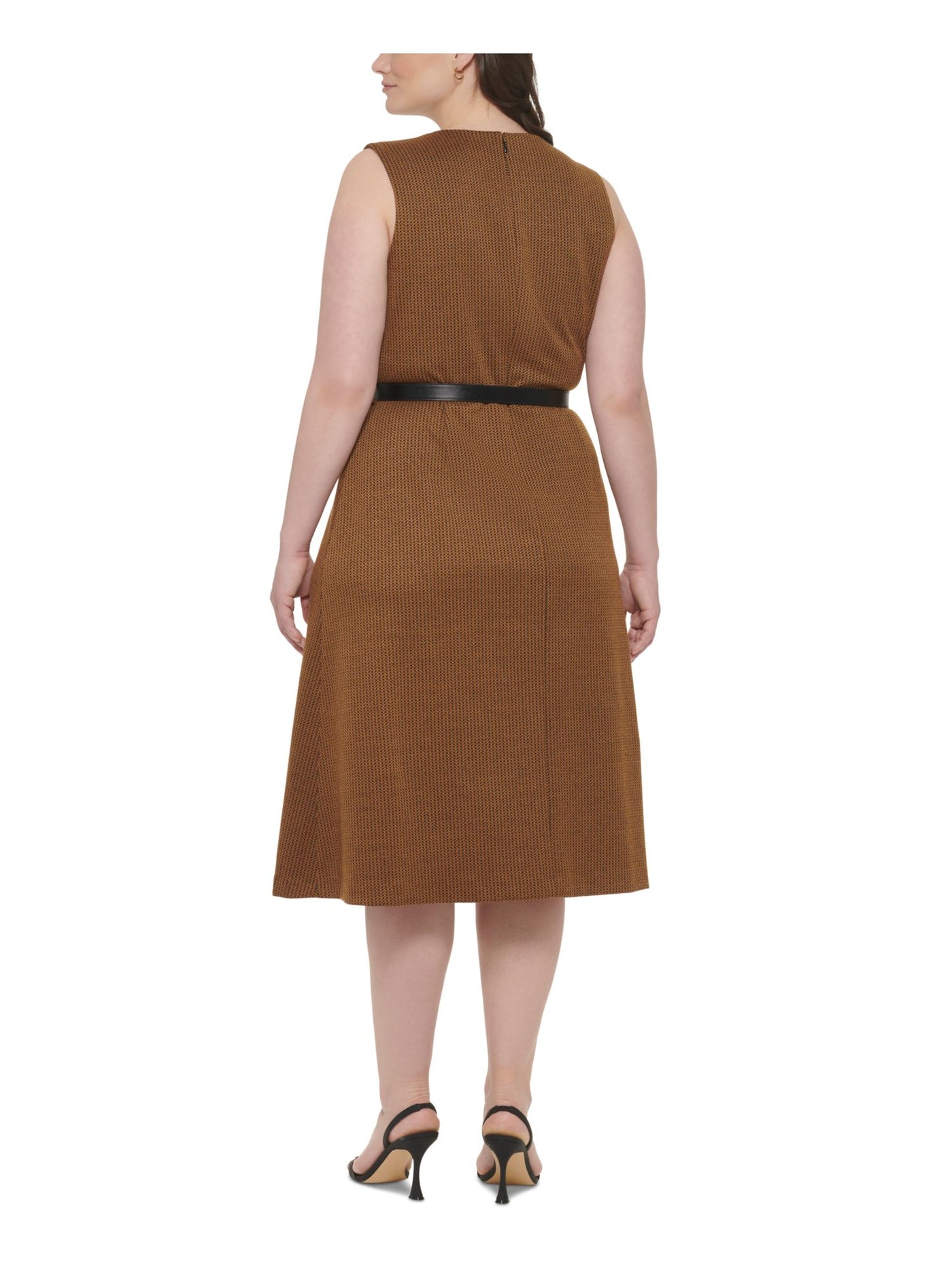 CALVIN KLEIN Womens Brown Zippered Belted Herringbone Sleeveless Round Neck Midi Wear To Work Shift Dress Plus 22W