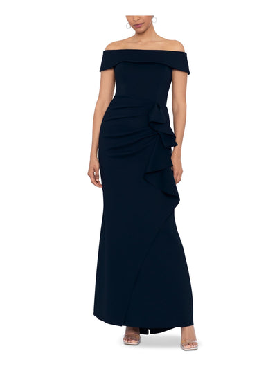 XSCAPE Womens Navy Zippered Ruffled Lined Faux Wrap Short Sleeve Off Shoulder Full-Length Evening Gown Dress 16