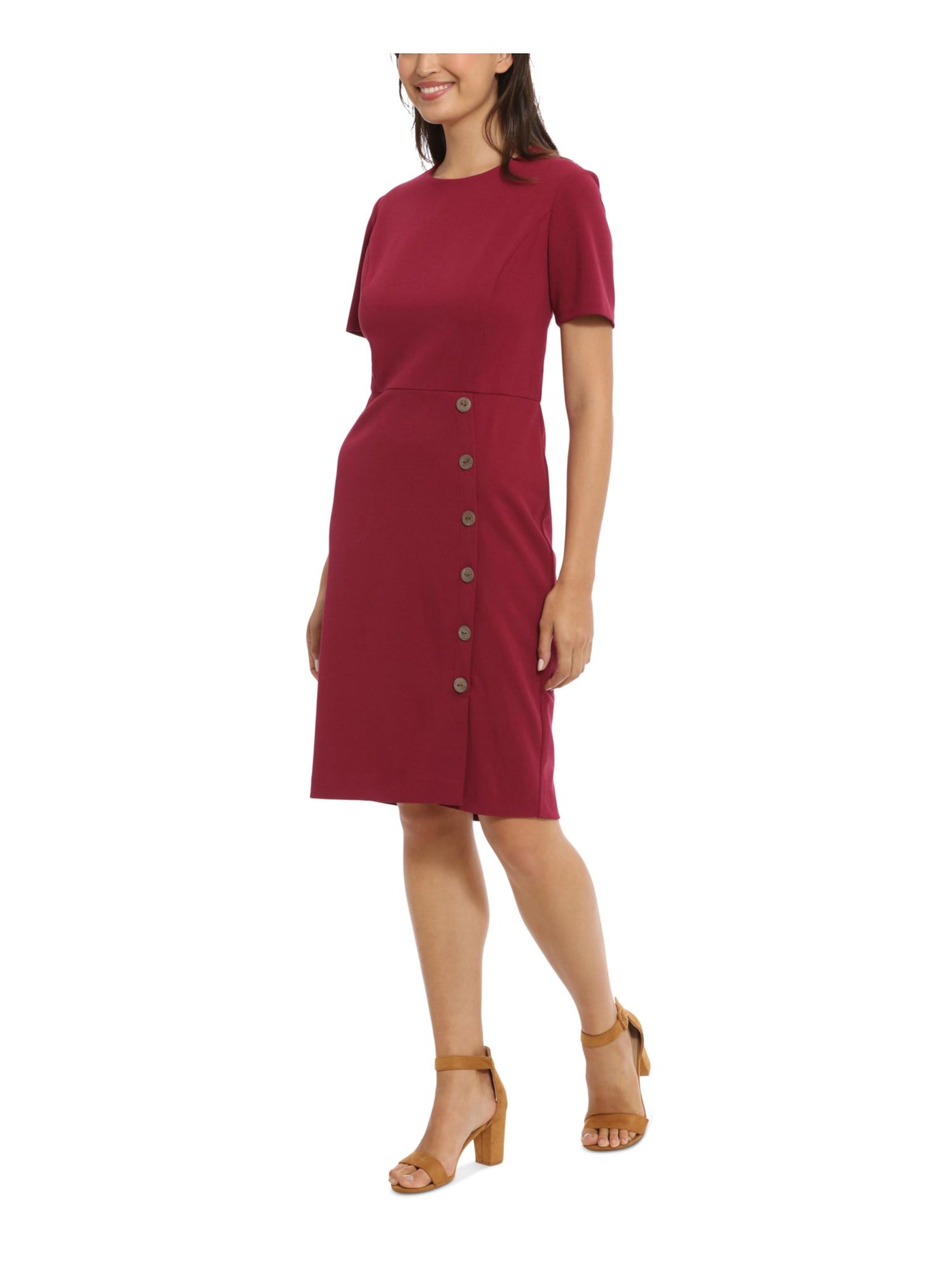 LONDON TIMES PETITES Womens Red Zippered Button Accents Slit Front Hem Short Sleeve Jewel Neck Knee Length Wear To Work Sheath Dress Petites 4P