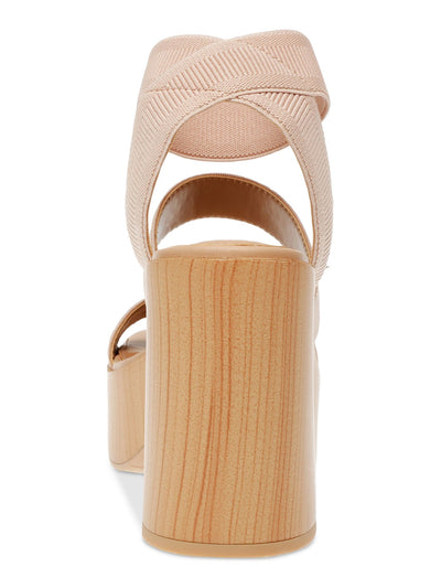 WILD PAIR Womens Beige Knit 1-1/2" Wood-Grain Platform Elastic Ankle Strap Cushioned Strappy Breathable Scarlitt Square Toe Block Heel Slip On Dress Heeled Sandal 10 M