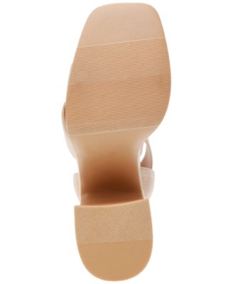 WILD PAIR Womens Beige Knit 1-1/2" Wood-Grain Platform Elastic Ankle Strap Cushioned Strappy Breathable Scarlitt Square Toe Block Heel Slip On Dress Heeled M