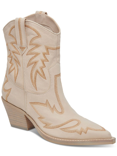 DOLCE VITA Womens Beige Western Pull Tabs Padded Embroidered Runa Pointed Toe Block Heel Leather Western Boot 7.5 M