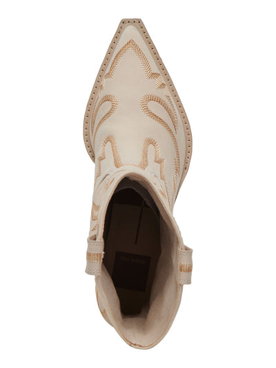 DOLCE VITA Womens Beige Western Pull Tabs Padded Embroidered Runa Pointed Toe Block Heel Leather Western Boot 7.5 M