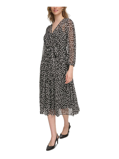 CALVIN KLEIN Womens Black Lined Tie Sheer Zippered Polka Dot 3/4 Sleeve Surplice Neckline Midi Wear To Work Faux Wrap Dress 4