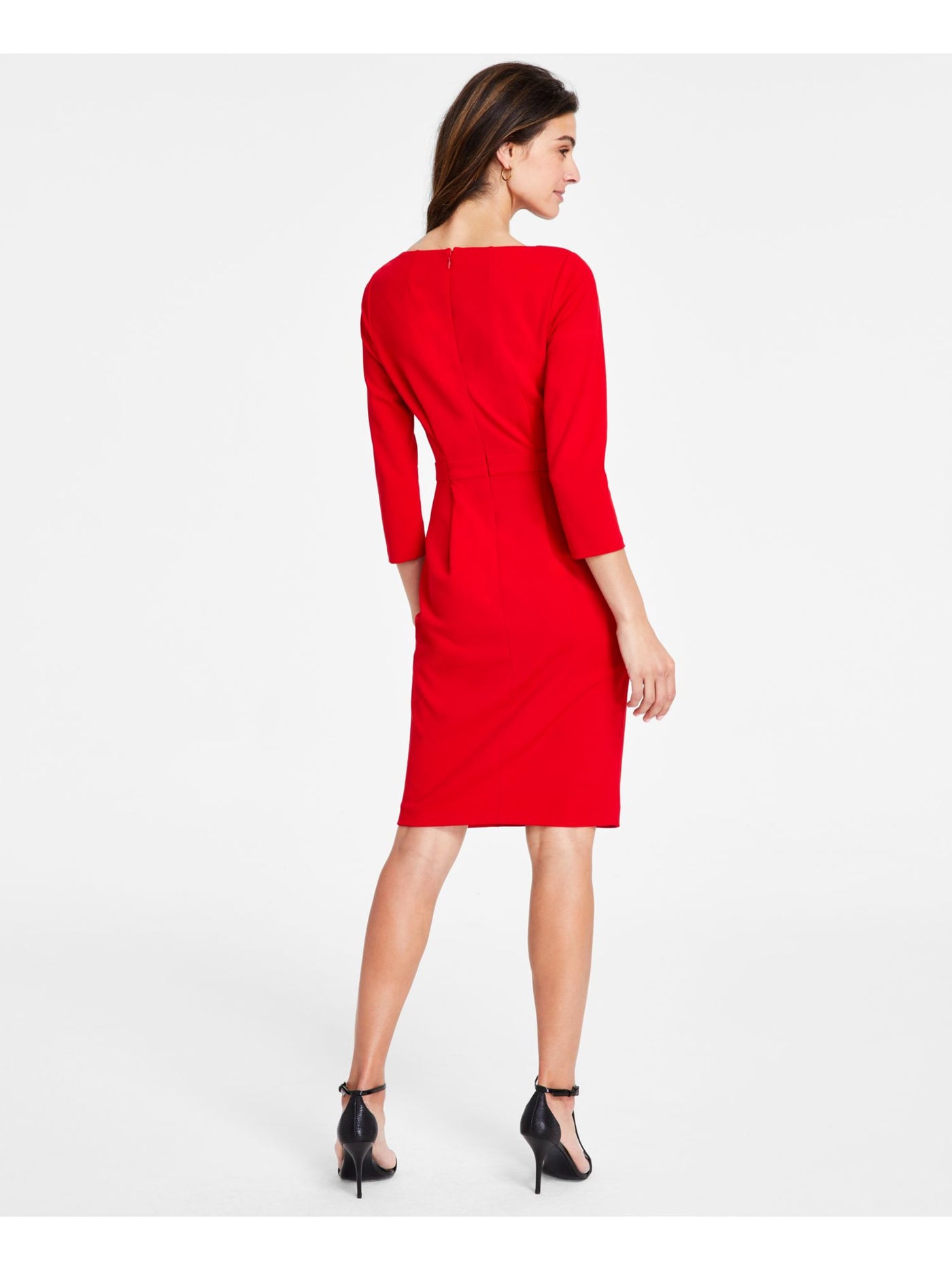 CALVIN KLEIN Womens Red Zippered Darted Tie Detail Unlined 3/4 Sleeve Asymmetrical Neckline Above The Knee Wear To Work Sheath Dress 10