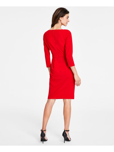 CALVIN KLEIN Womens Red Zippered Darted Tie Detail Unlined 3/4 Sleeve Asymmetrical Neckline Above The Knee Wear To Work Sheath Dress 10