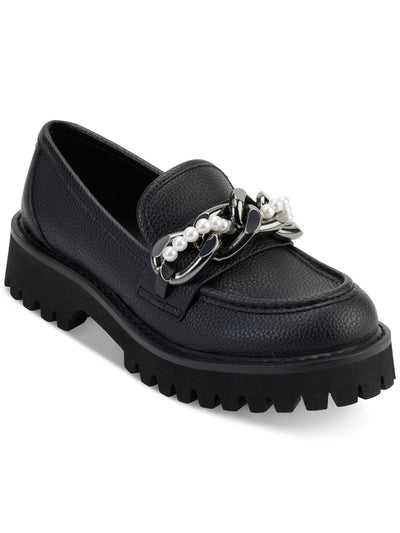 KARL LAGERFELD PARIS Womens Black 1" Platform Beaded Chain Accent Lug Sole Padded Gemsy Almond Toe Slip On Leather Dress Loafers Shoes 5 M