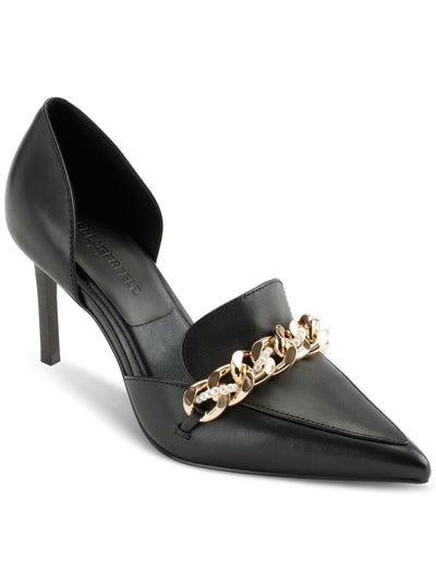 KARL LAGERFELD PARIS Womens Black Beaded Chain Hardware Padded D Orsay Shivani Pointed Toe Stiletto Slip On Leather Dress Heeled Loafers 5 M