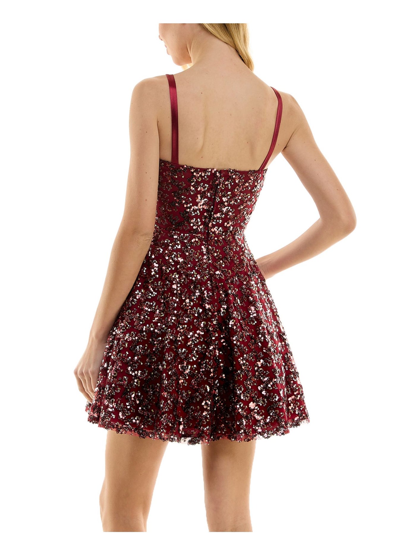 CITY STUDIO Womens Maroon Sequined Zippered Lined Sleeveless Square Neck Short Party Fit + Flare Dress 13\14