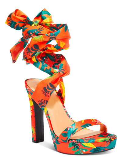 INC Womens Orange Floral 1" Platform Ankle Strap Padded Noyar Round Toe Block Heel Lace-Up Heeled Sandal 7.5 M