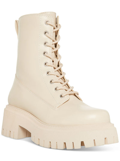 MADDEN GIRL Womens Beige 1-1/2" Platform Lace-Up Back Pull-Tab Lug Sole Treaded Kknight Round Toe Block Heel Zip-Up Combat Boots 9.5 M