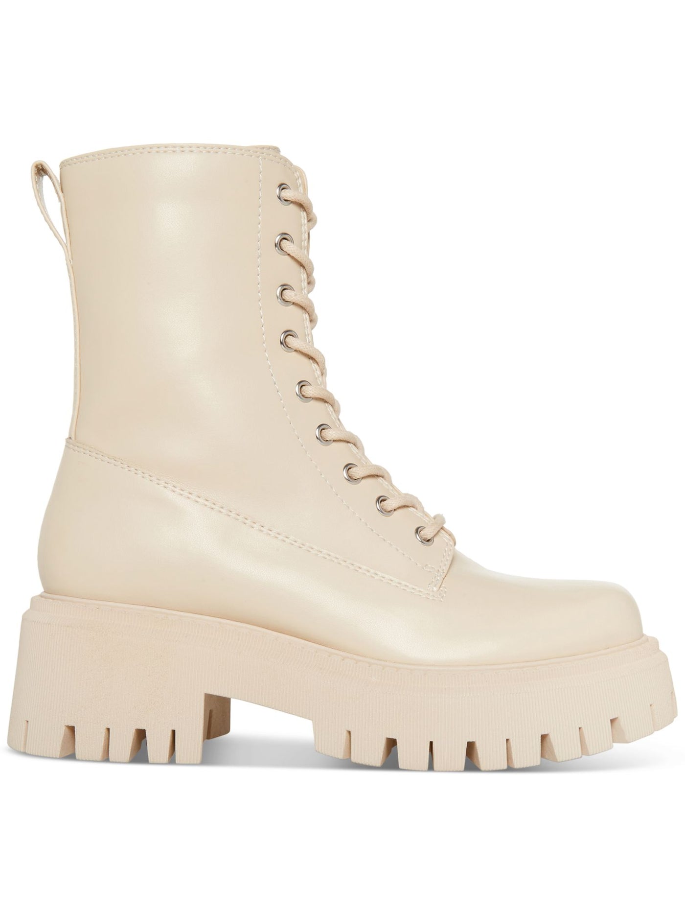 MADDEN GIRL Womens Beige 1-1/2" Platform Lace-Up Back Pull-Tab Lug Sole Treaded Kknight Round Toe Block Heel Zip-Up Combat Boots 9.5 M