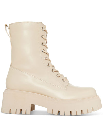 MADDEN GIRL Womens Beige 1-1/2" Platform Lace-Up Back Pull-Tab Lug Sole Treaded Kknight Round Toe Block Heel Zip-Up Combat Boots 9.5 M