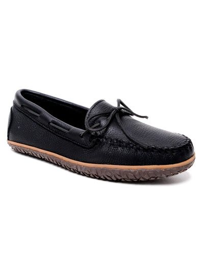 MINNETONKA Mens Black Textured Padded Bow Accent Water Resistant Moosehide Round Toe Slip On Leather Flats Shoes 8