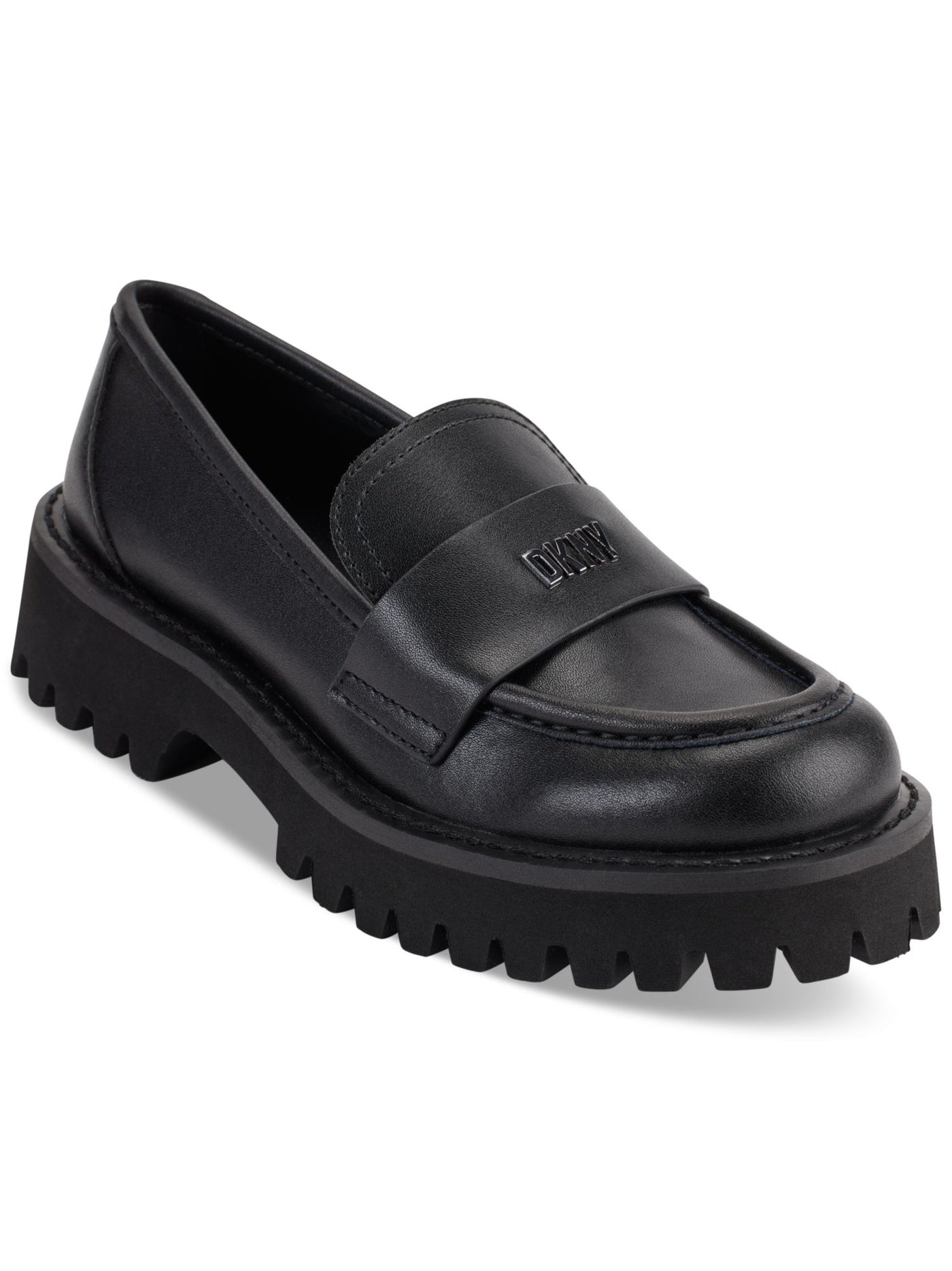 DKNY Womens Black 1" Platform Logo Accent Strap Lug Sole Treaded Gibbous Almond Toe Slip On Leather Loafers Shoes 7 M
