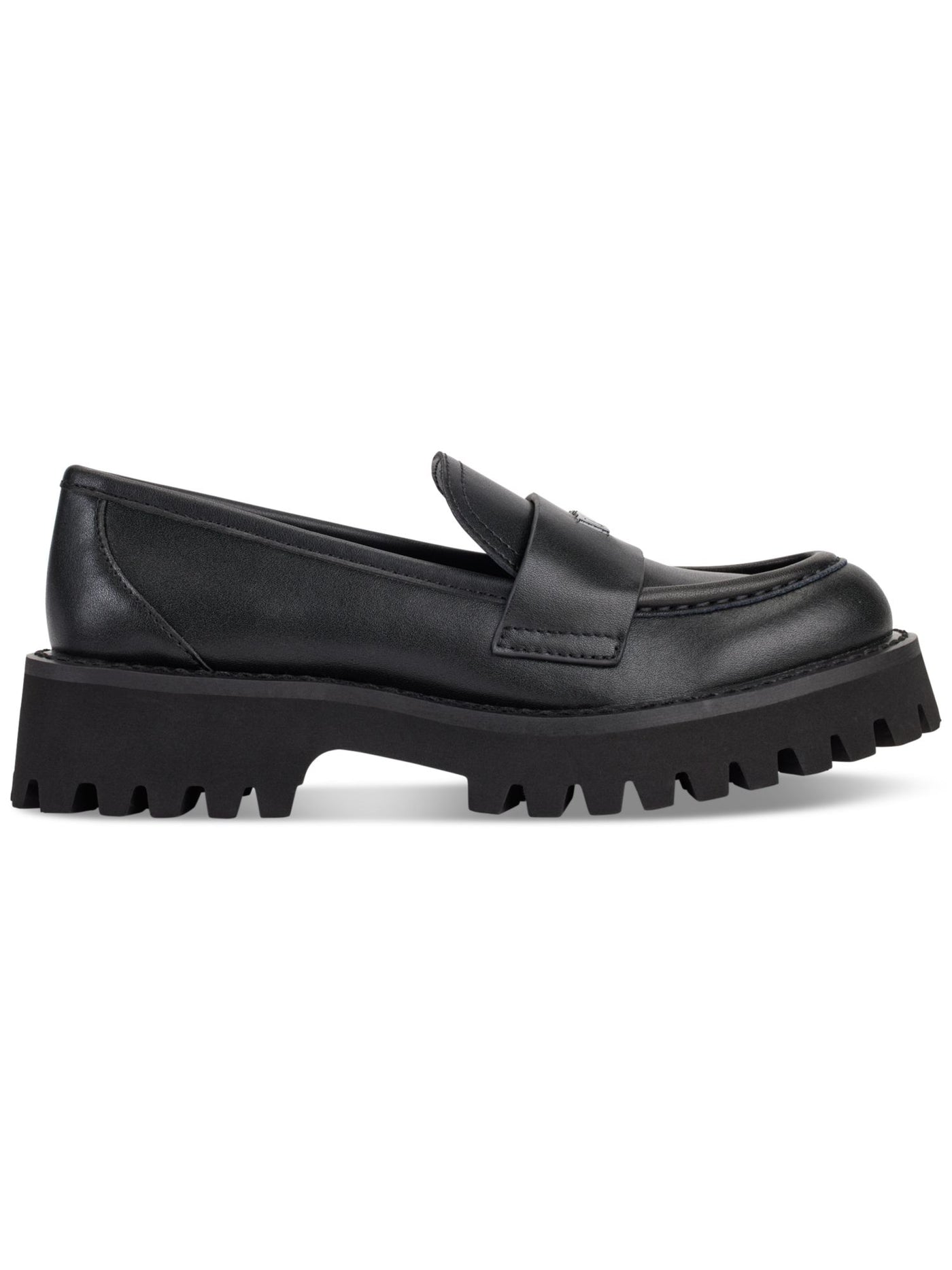 DKNY Womens Black 1" Platform Logo Accent Strap Lug Sole Treaded Gibbous Almond Toe Slip On Leather Loafers Shoes 7 M