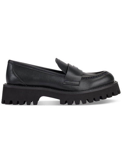 DKNY Womens Black 1" Platform Logo Accent Strap Lug Sole Treaded Gibbous Almond Toe Slip On Leather Loafers Shoes 7 M