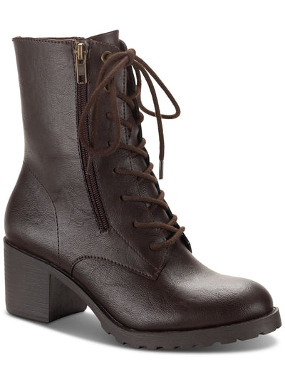 SUN STONE Womens Brown Lace Up Zipper Accent Padded Lug Sole Treaded Sheilaa Round Toe Block Heel Zip-Up Combat Boots 5.5 M