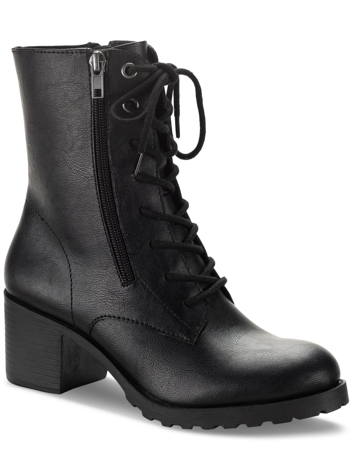 SUN STONE Womens Black Lace Up Zipper Accent Padded Lug Sole Treaded Sheilaa Round Toe Block Heel Zip-Up Combat Boots 8 M