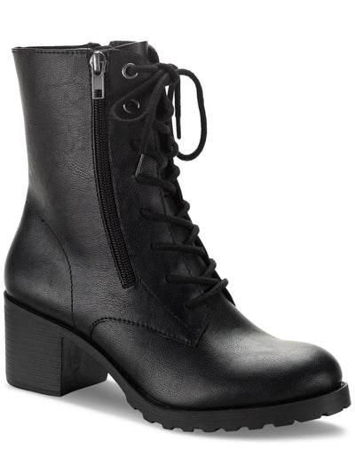 SUN STONE Womens Black Lace Up Zipper Accent Padded Lug Sole Treaded Sheilaa Round Toe Block Heel Zip-Up Combat Boots 6.5 M