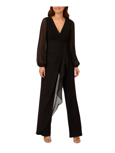 ADRIANNA PAPELL Womens Black Pleated Zippered Draped Overlay Long Sleeve V Neck Evening Wide Leg Jumpsuit 2