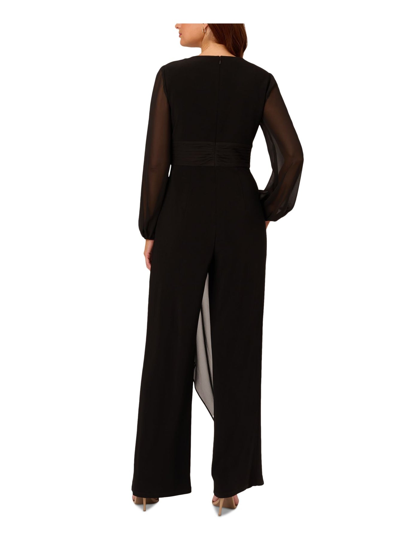 ADRIANNA PAPELL Womens Black Pleated Zippered Draped Overlay Long Sleeve V Neck Evening Wide Leg Jumpsuit 2