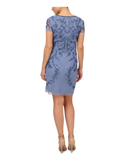 PAPELL STUDIO Womens Blue Mesh Zippered Lined Short Sleeve V Neck Above The Knee Cocktail Sheath Dress 4