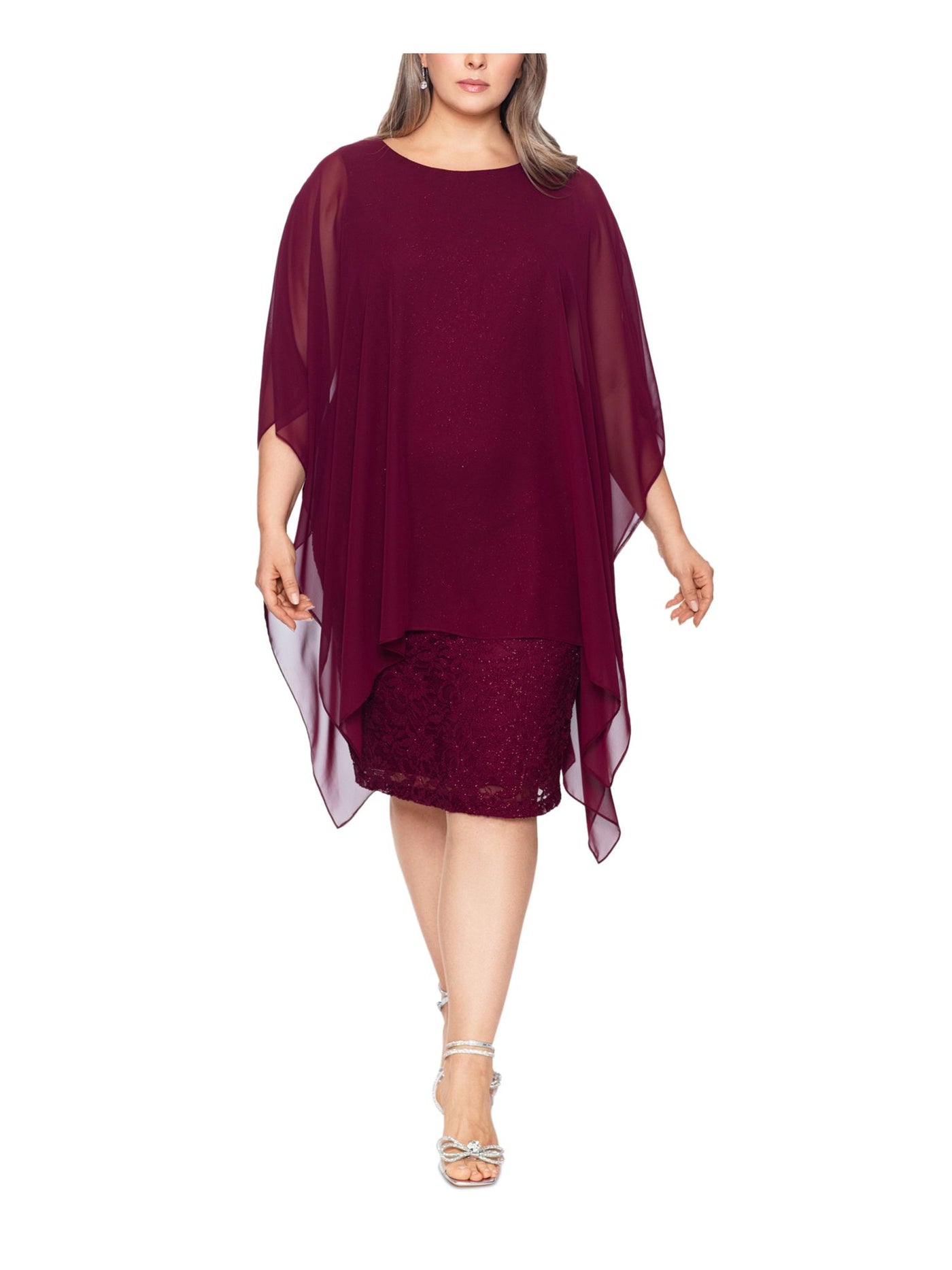 BETSY & ADAM Womens Burgundy Zippered Lined Sheer Overlay Back Slit Flutter Sleeve Round Neck Below The Knee Party Sheath Dress Plus 18W