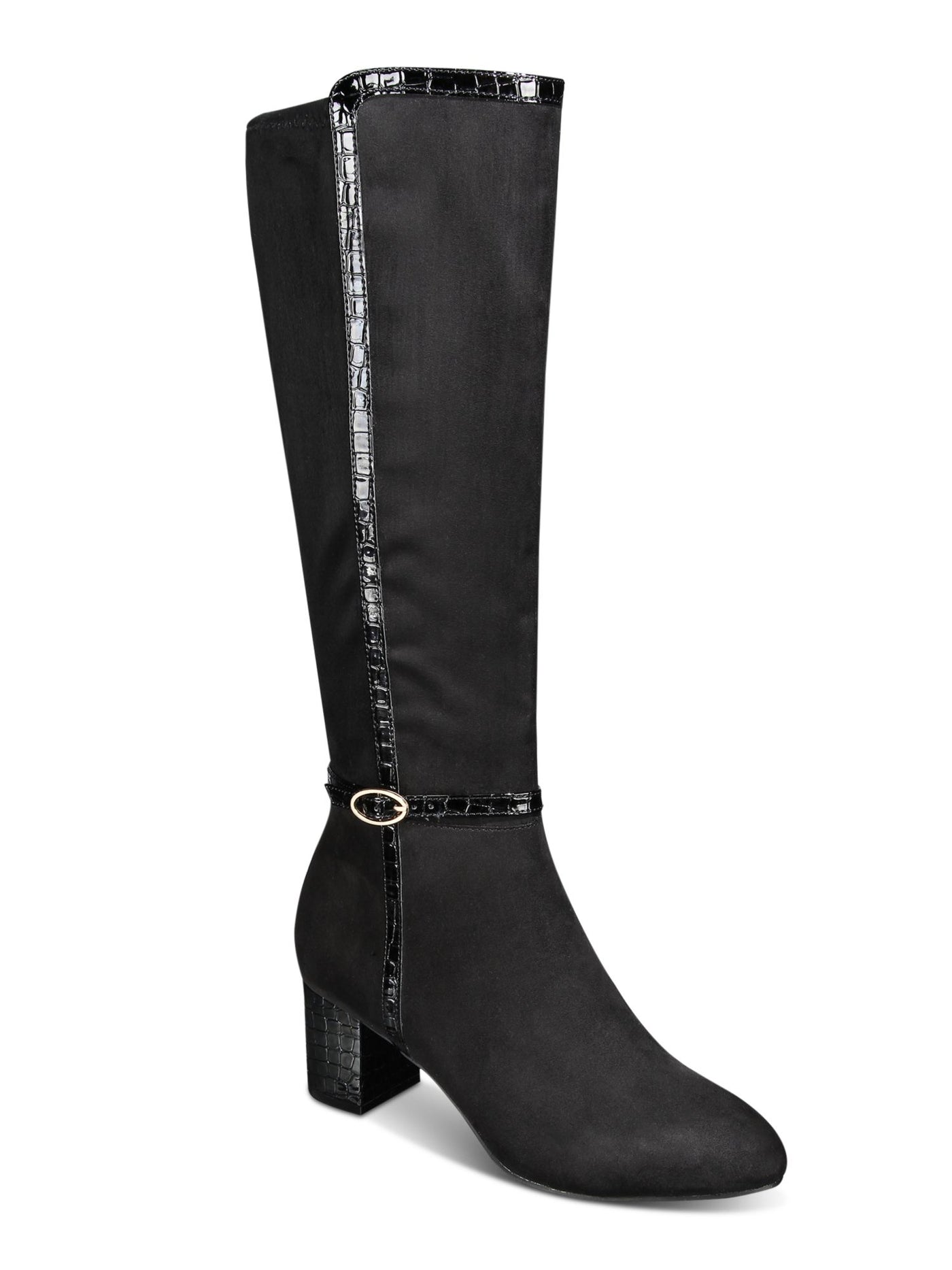 KAREN SCOTT Womens Black Mixed Media Crock Buckle Accent Ankle Strap Padded Isalee Almond Toe Block Heel Zip-Up Dress Boots 8.5 M