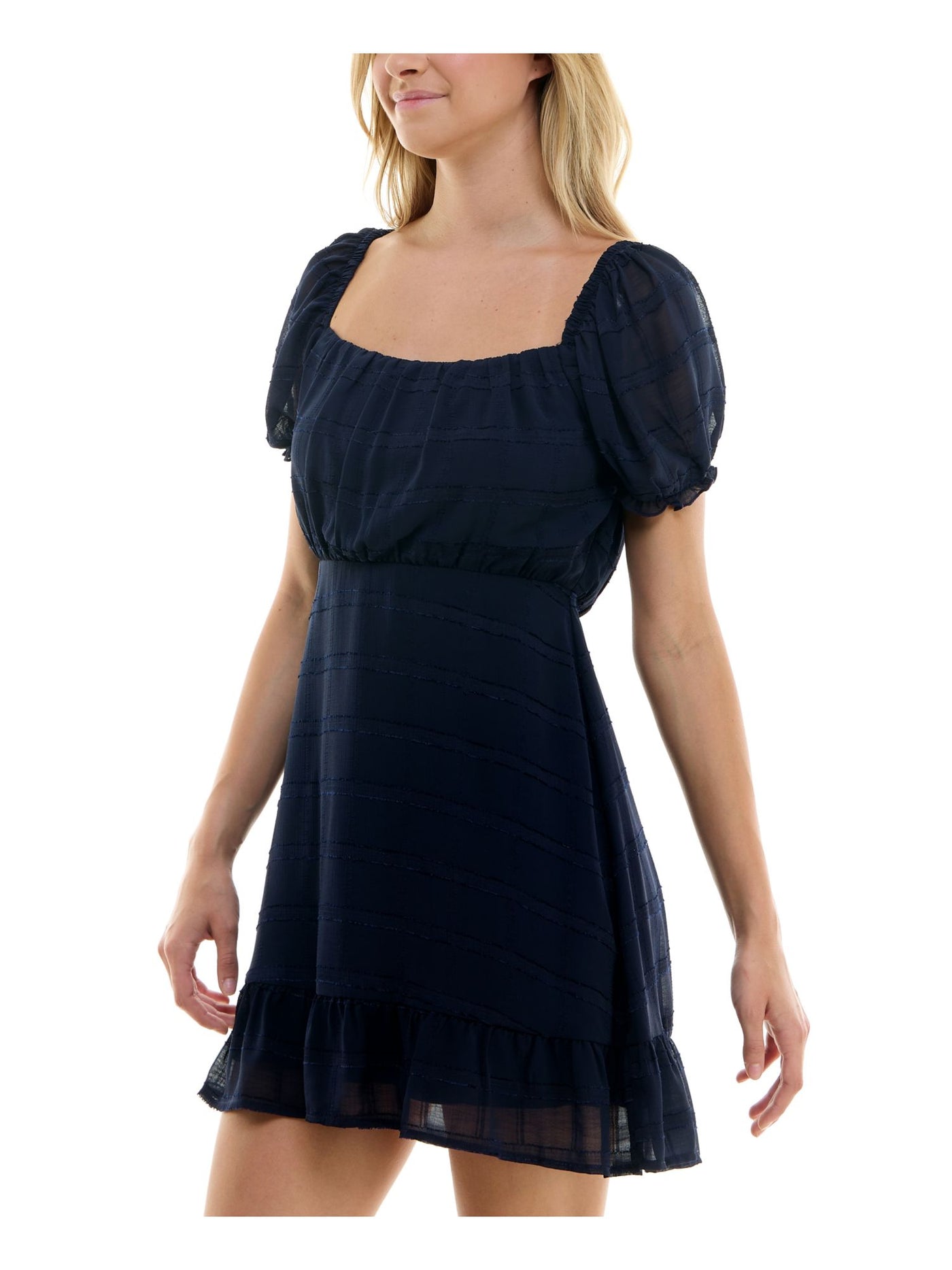 SPEECHLESS Womens Navy Lined Tie Back Flounce Hem Pouf Sleeve Square Neck Short Fit + Flare Dress L